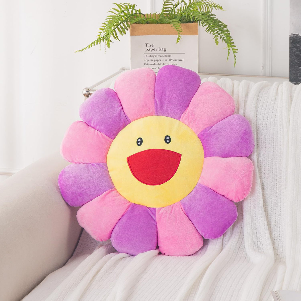 HOKIPO Smiley Sunflower Cushion for Sofa & Bed, 45 cm, Purple
