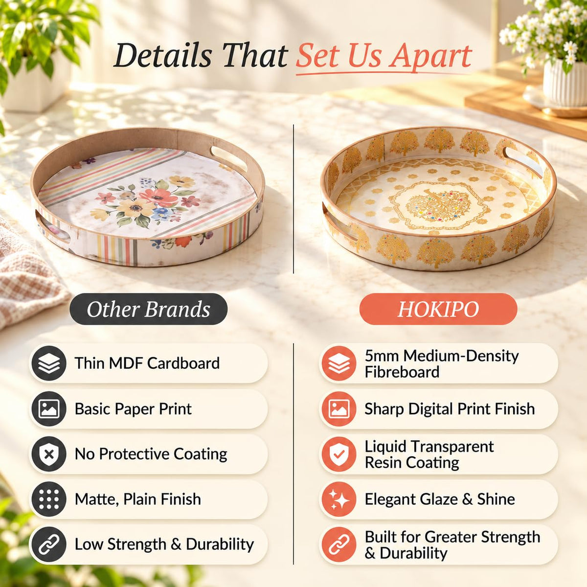 HOKIPO Round Serving Tray 12 in, Engineered Wood, Swarna Vriksha - image 4