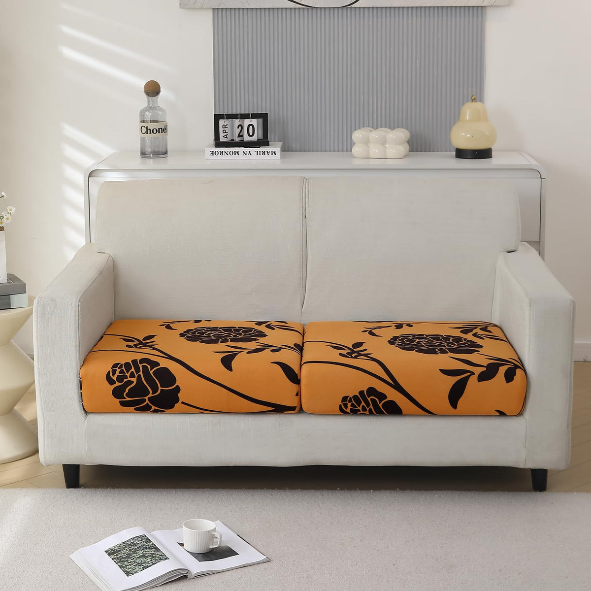 Stretchable 140gsm Printed Seat Couch Cushion Cover for 1/2/3 Seaters / Pieces for Sofa, Copper Brown Floral