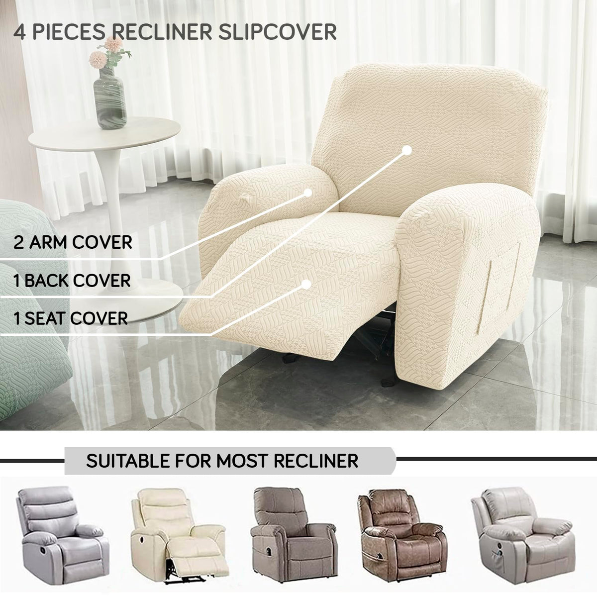 Buy Beige Colour Jacquard 4 Pieces Recliner Slipcover | HOKIPO