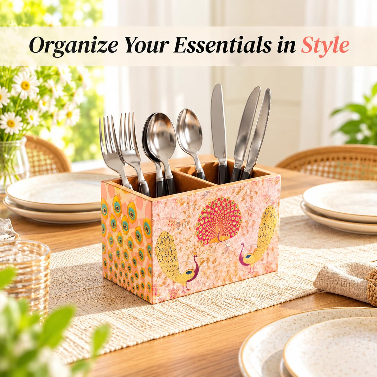 HOKIPO Cutlery Holder for Dining Table, Engineered Wood, Gulabi Mayurvan - image 2