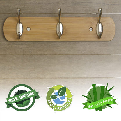 Bamboo Wooden Wall Mounted Hook Rail for Hanging Clothes - 3/4/5 Hooks Rail