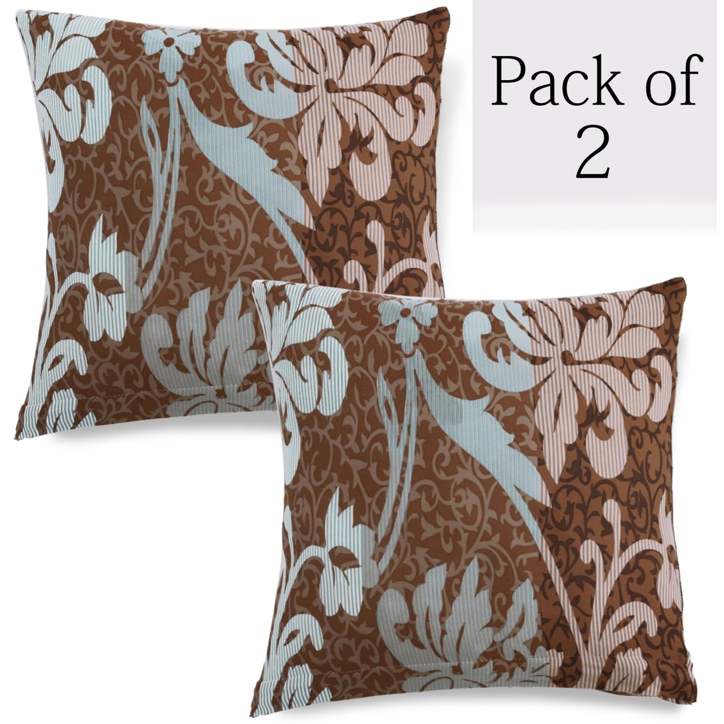 HOKIPO Stretchable Pack of 2 Cushion Cover 16x16, Rich Chocolate Damask Floral