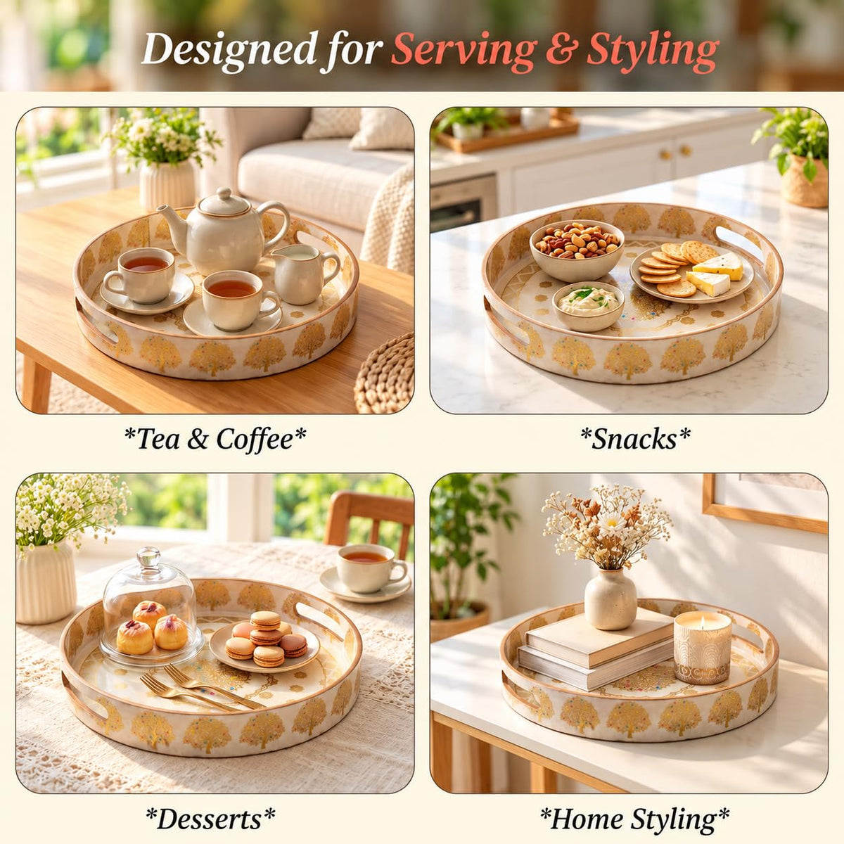 HOKIPO Round Serving Tray 12 in, Engineered Wood, Swarna Vriksha - image 5