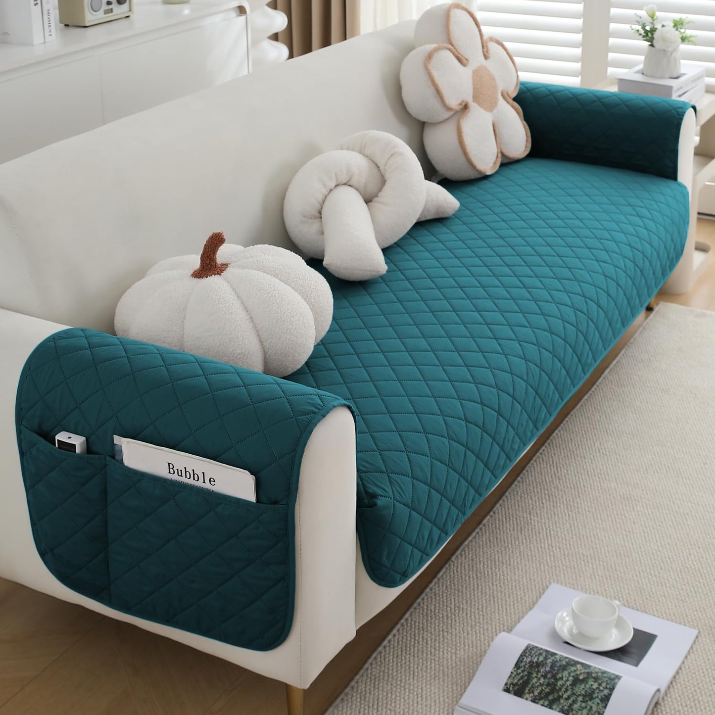 HOKIPO Quilted Waterproof Sofa Seat Mat with 2 Armrest Covers with Pockets, Peacock Blue
