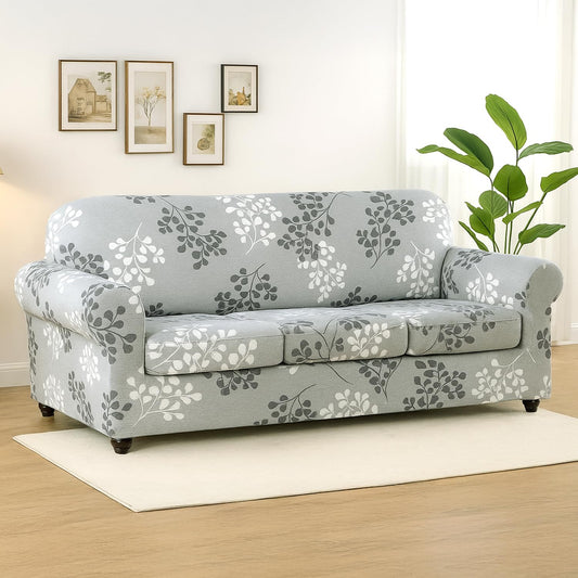Printed Stretchable Sofa Slipcover with 1/2/3 Pc Separate Seat Cushion Cover for each 1/2/3 Seater, Grey Misty Branches