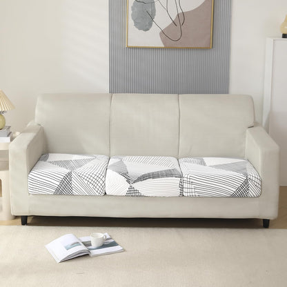 140 GSM Stretchable Printed Elastic Sofa Cushion Seat Cover for 1 /2 /3 Seaters / Pieces for Sofa, Snow White Black Geometry