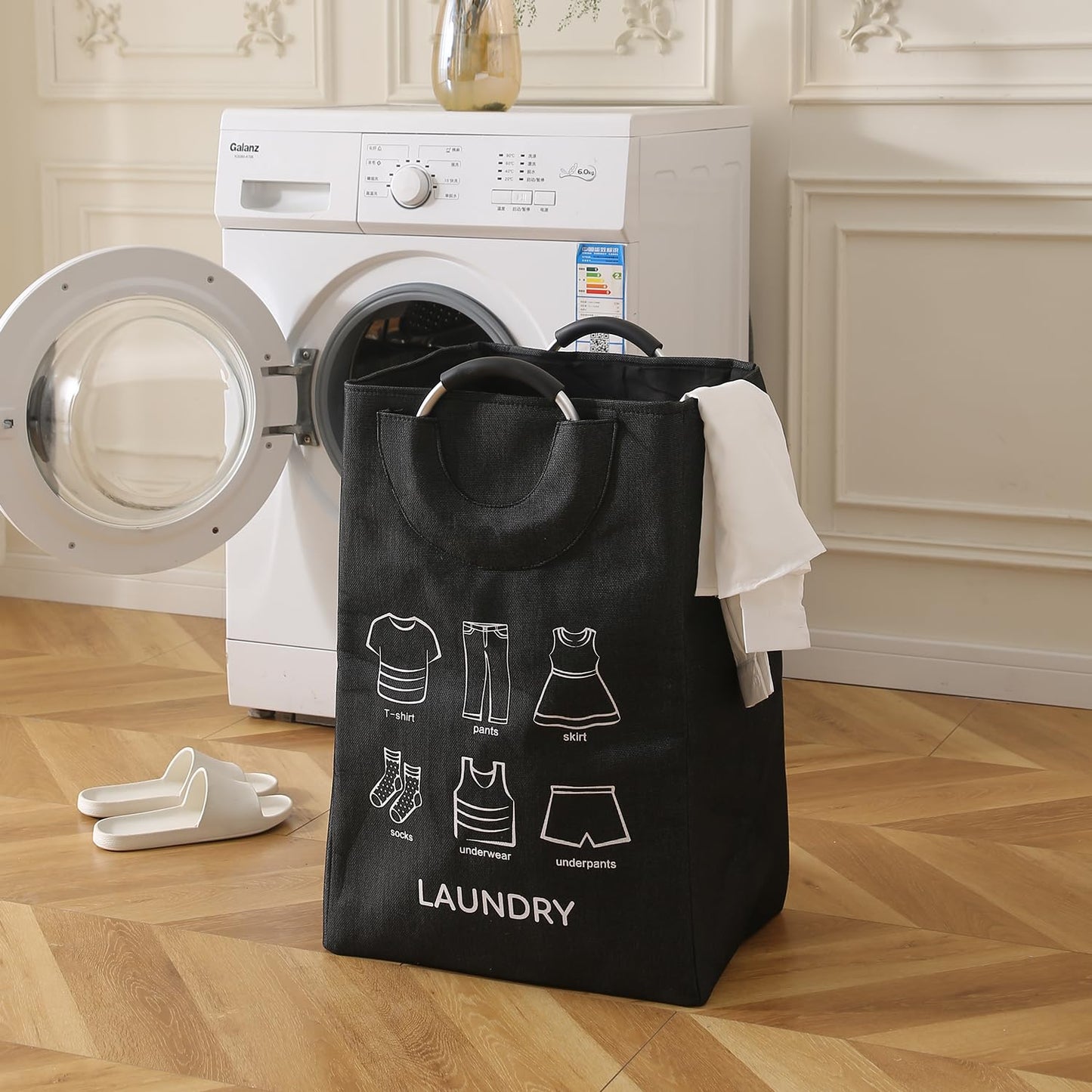 Folding Laundry Bag for Clothes Hamper Basket, Collapsible Storage Basket, Black