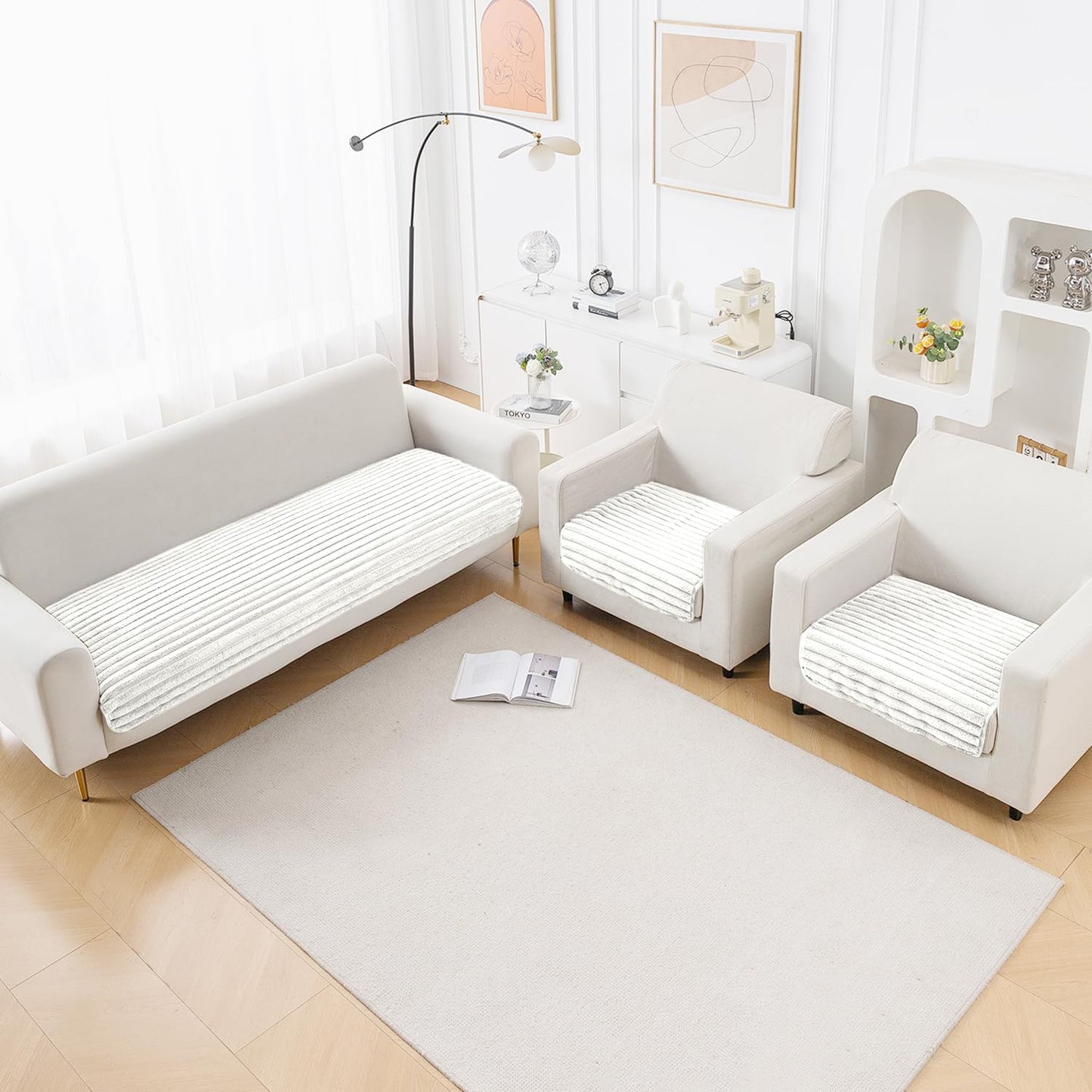 Faux Rabbit Fur Sofa Cover Combination Set, 'Snuggle Fur Series' Pearl White