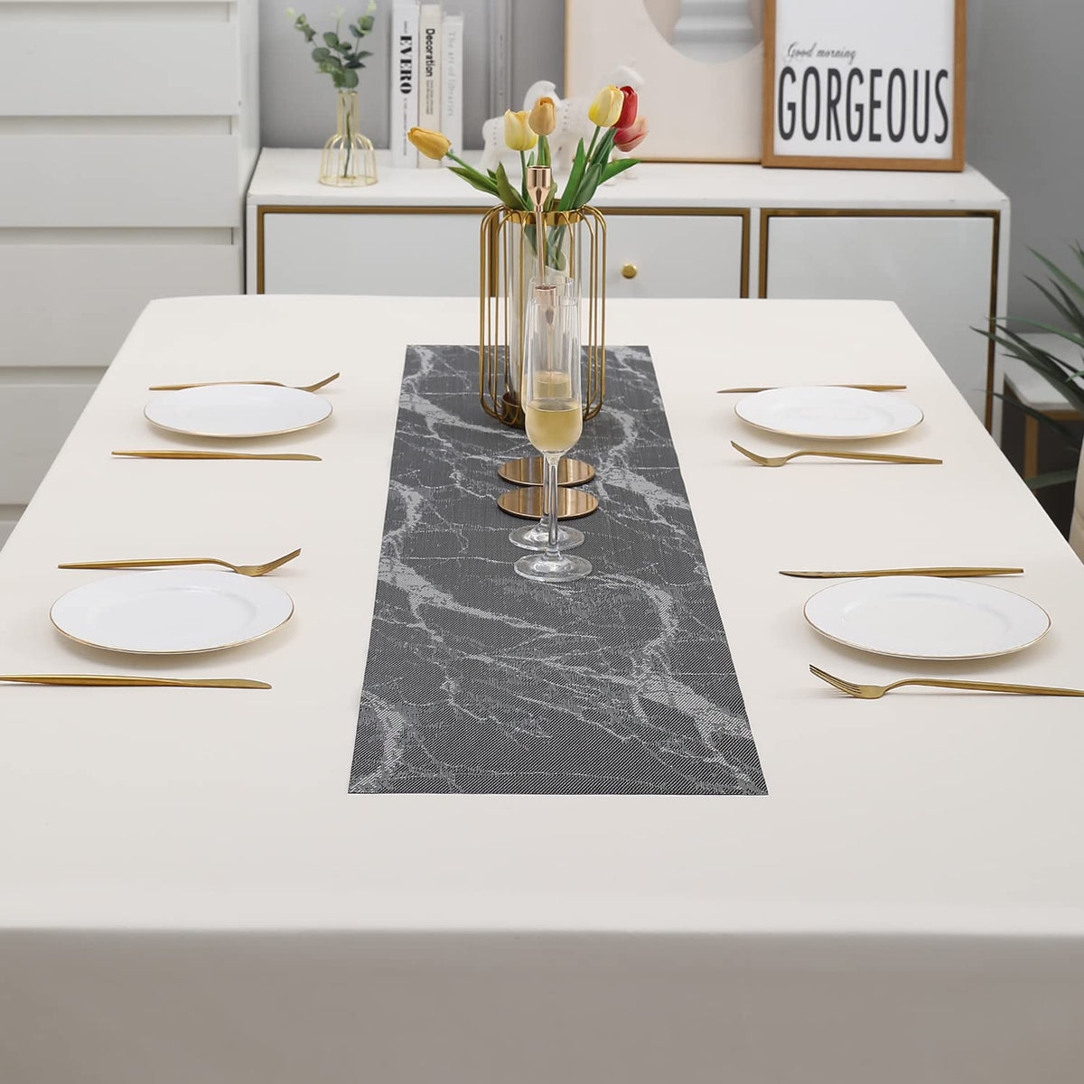 Buy Abstract Black Colour PVC Dining Table Runner for 4 Seater Tables | HOKIPO