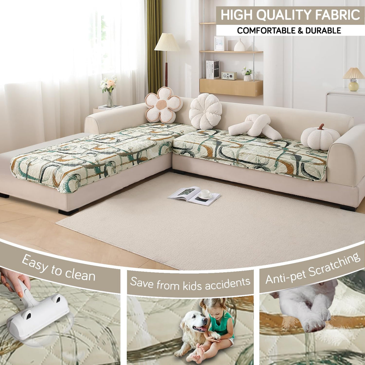 Waterproof Printed Quilted Quick Dry L Shape Sofa Seat Cover Mat, Parchement Beige Abstract Art