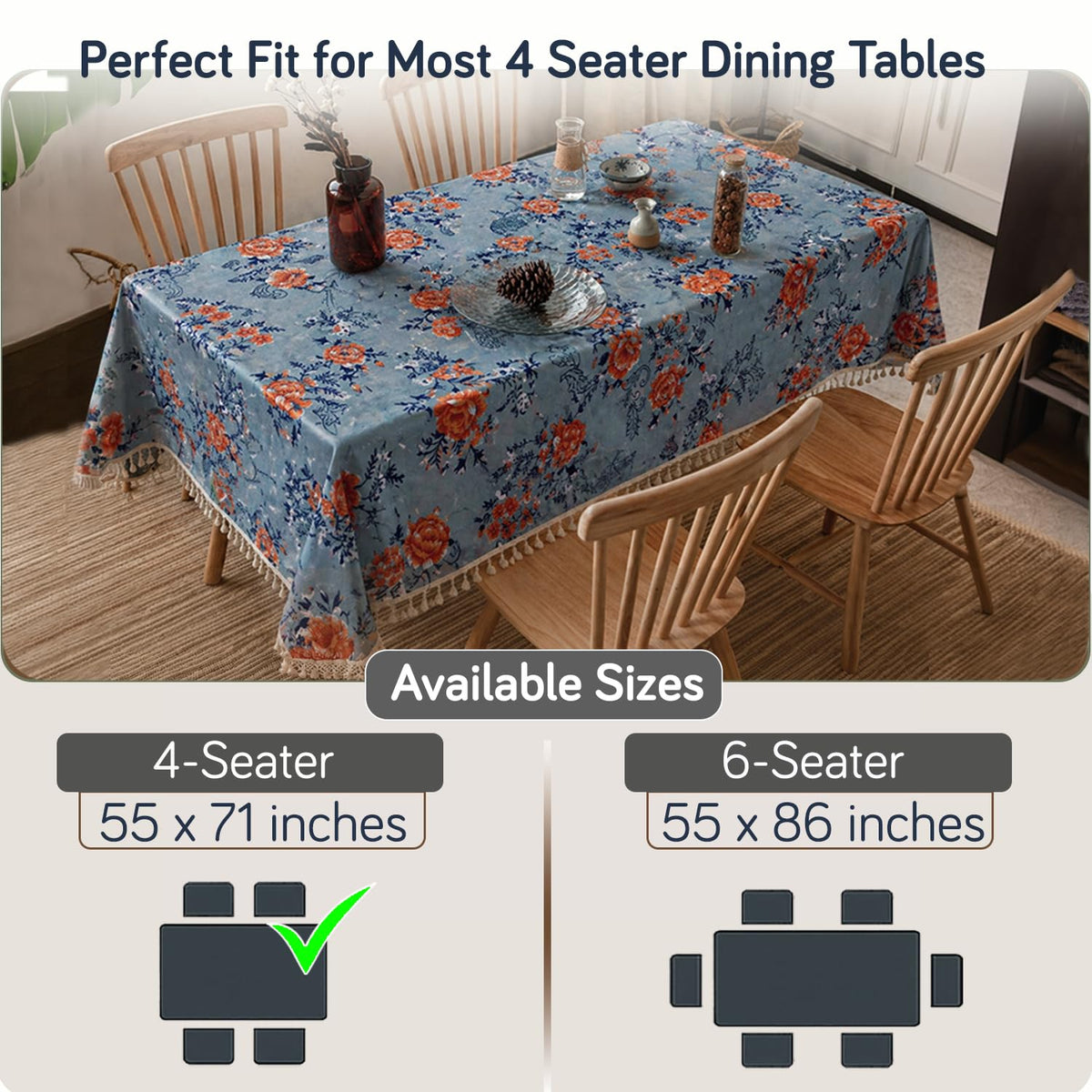 HOKIPO ShieldQuilt Table Cloth with Tassel Edge for 4/6 Seater, Blue - image 2