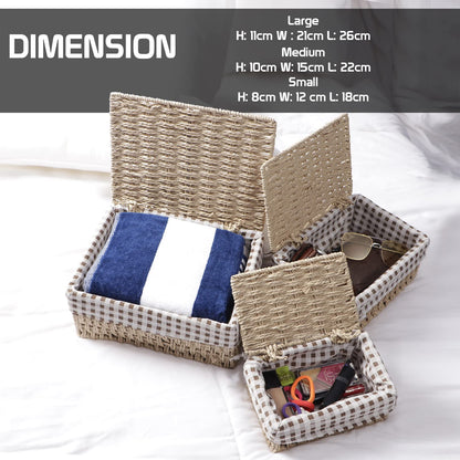 Environmental Friendly Paper Rope Wicker Storage Baskets with lid, Pack of 3, Beige