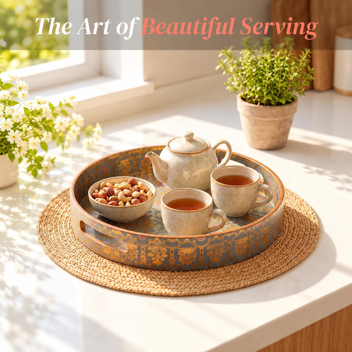 HOKIPO Round Serving Tray 12 in, Engineered Wood, Shahi Gulnaar - image 3