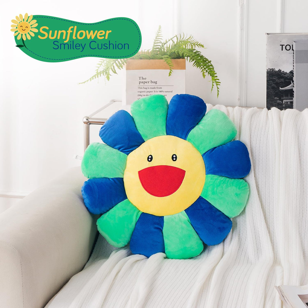 HOKIPO Smiley Sunflower Cushion for Sofa & Bed, 45 cm, Blue Green