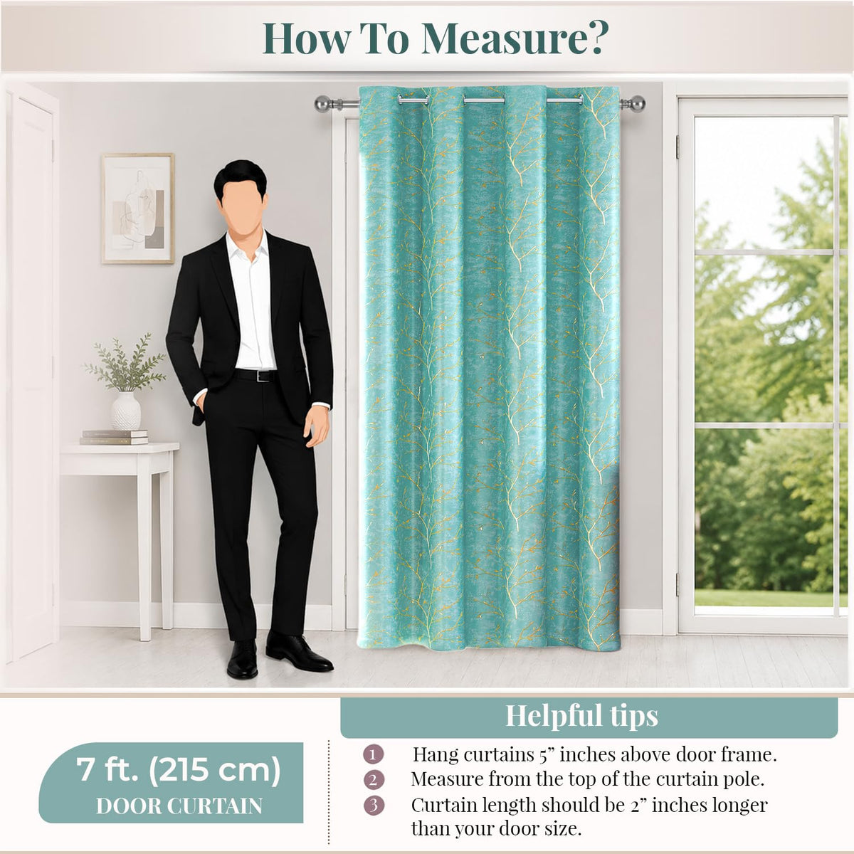 HOKIPO Shimmer Foil Printed Curtains, 7 Feet Long - Aqua - image 8
