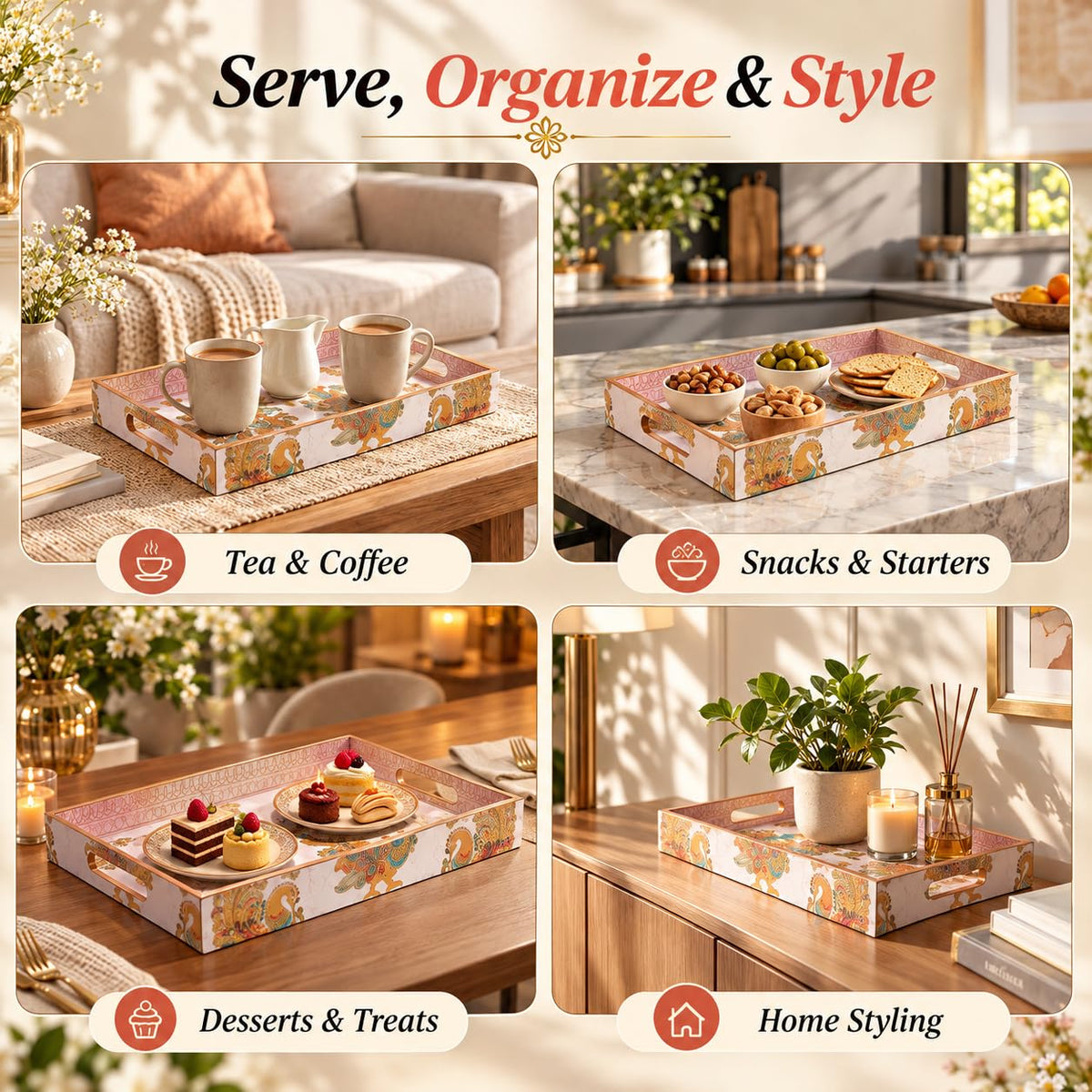 HOKIPO Serving Tray Set of 3, Engineered Wood, Mayur Mahal - image 6