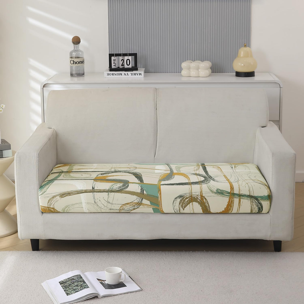 140 GSM Stretchable Printed Elastic Sofa Cushion Seat Cover for 1 /2 /3 Seaters / Pieces for Sofa, Parchement Beige Abstract Art