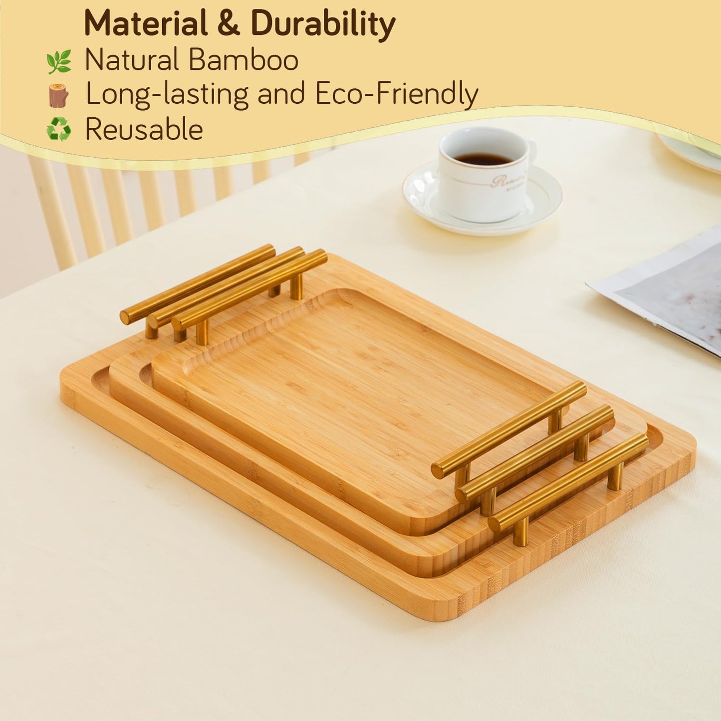 Natural Bamboo Finish Trays Set of 3 with Premium Handles