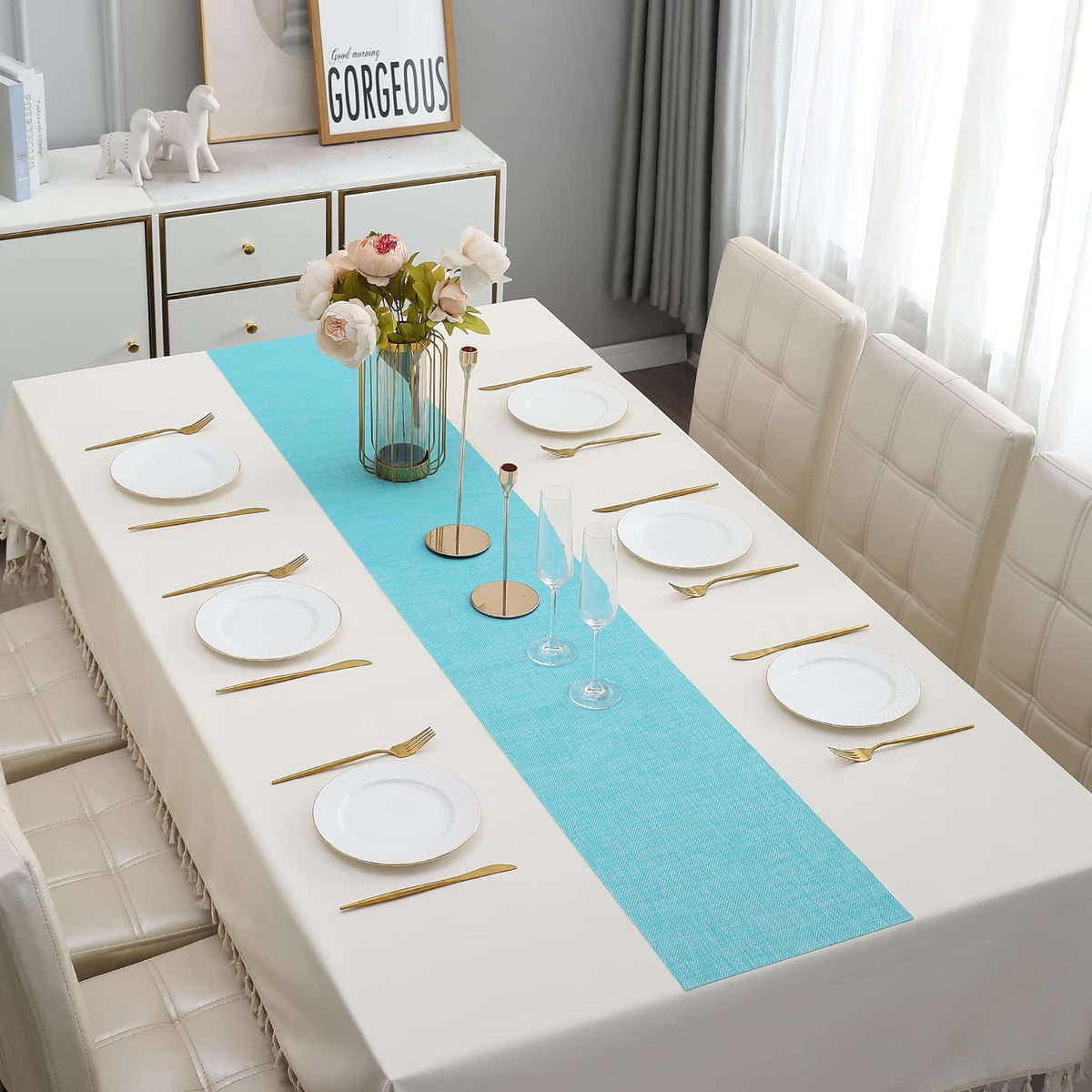 Buy Blue Colour PVC Dining Table Runner for 6 Seater Tables | HOKIPO