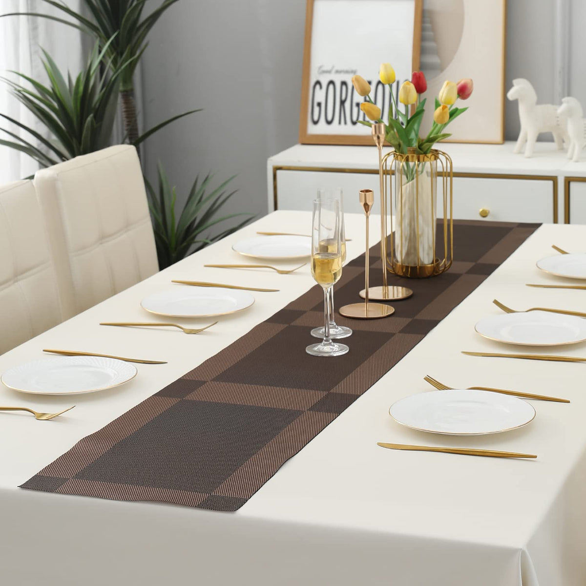 Buy Brown Colour PVC Dining Table Runner for 6 Seater Tables | HOKIPO