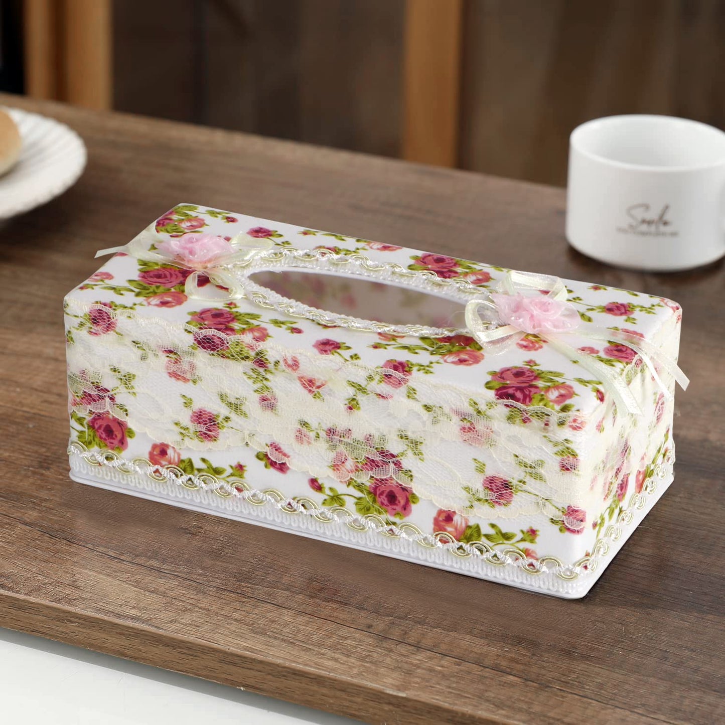 Plastic Tissue Paper Box Holder, Floral White