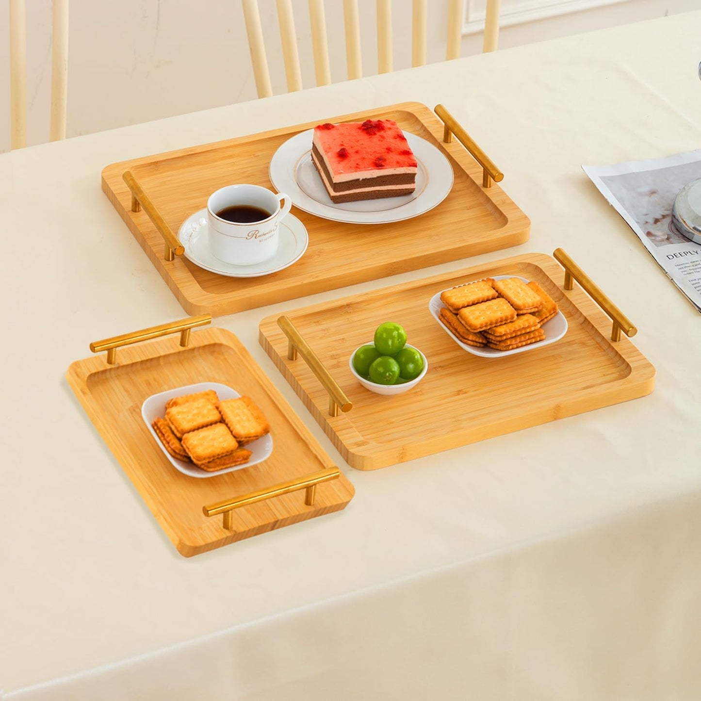 Natural Bamboo Finish Trays Set of 3 with Premium Handles
