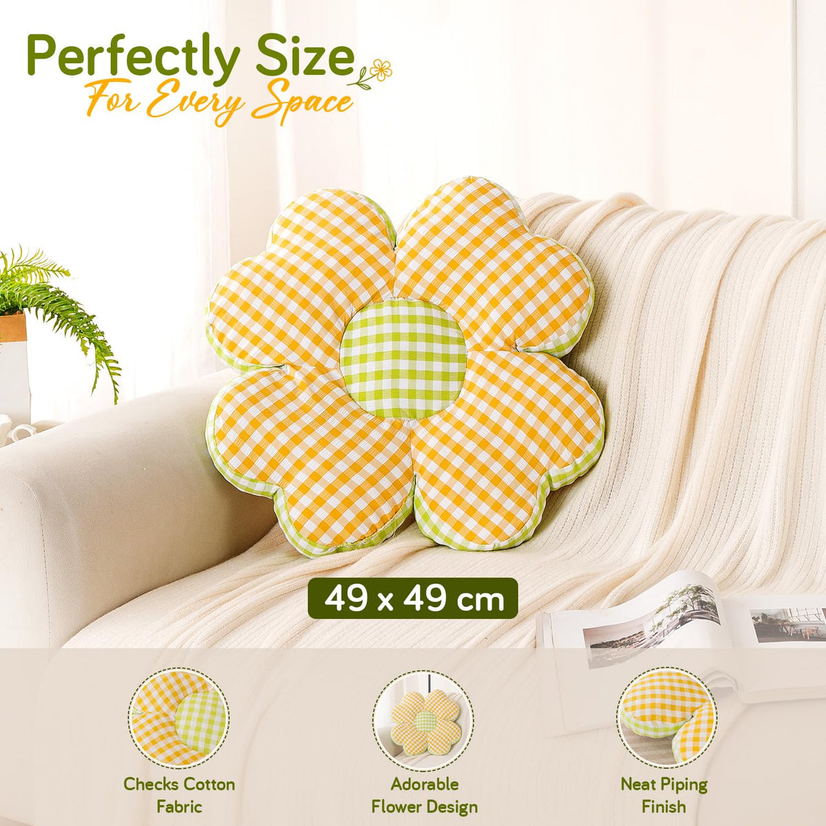 HOKIPO Checkered Daisy Flower Cushion for Sofa & Bed, 49 cm, Yellow