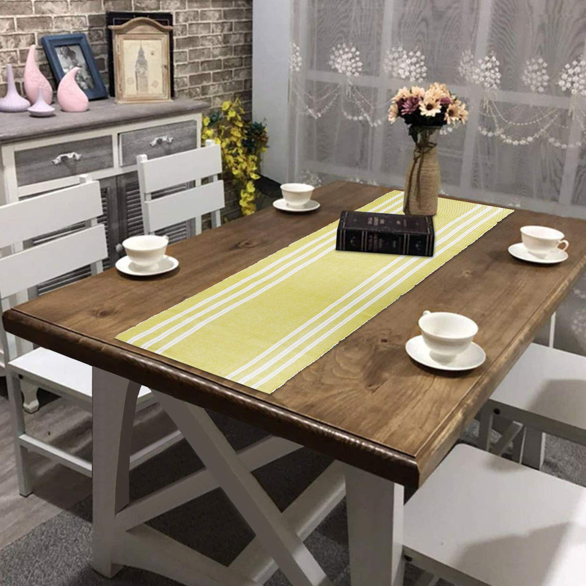 Buy Yellow Colour Cotton Ribbed Table Runner for 4 Seater Tables | HOKIPO