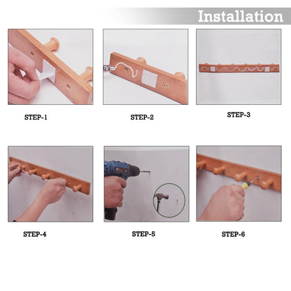 Bamboo Wooden Heavy Duty Wall Mounted Hooks for Hanging - 3/4/5 Hooks | Hook Rail for Clothes