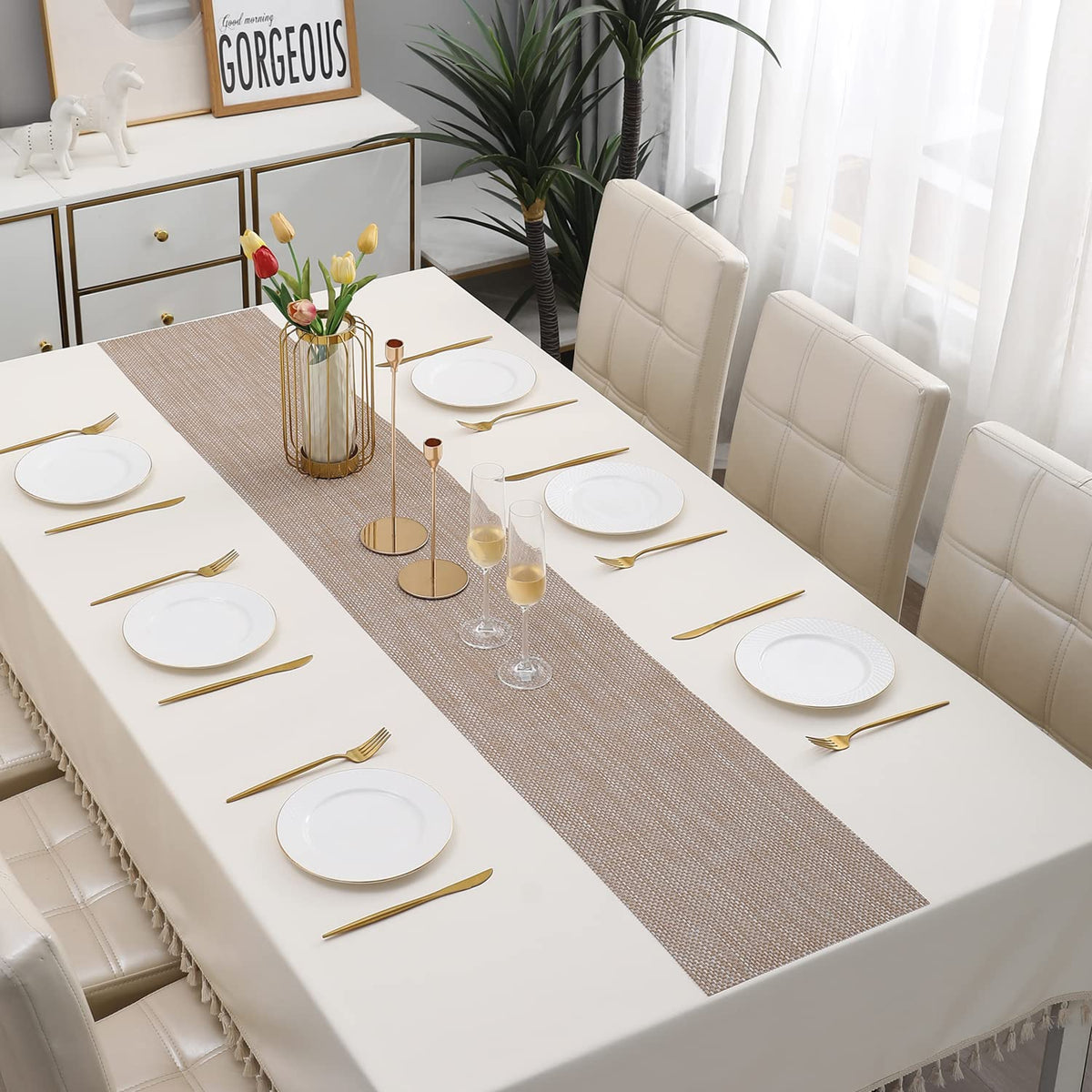 Buy Beige Brown Colour PVC Dining Table Runner for 6 Seater Tables | HOKIPO