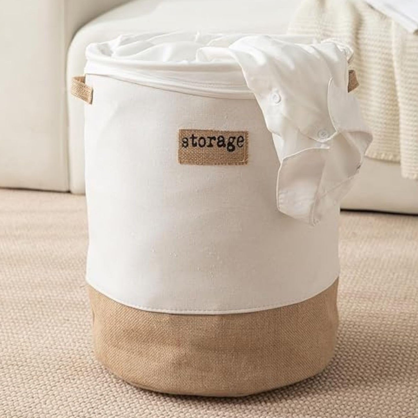 Round Collapsible Folding Laundry Basket for Clothes with Lid, White-Brown