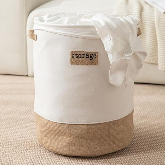 Round Collapsible Folding Laundry Basket for Clothes with Lid, White-Brown