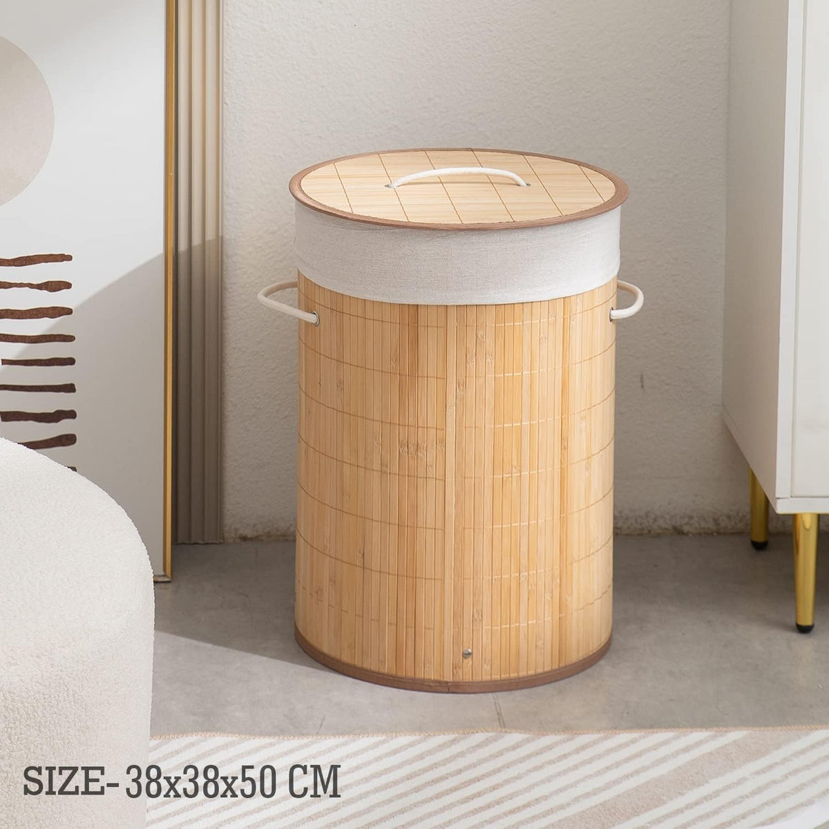 Eco-Friendly Foldable Bamboo Laundry Basket Hamper with Lid, Large - 57 Liter, Light Brown
