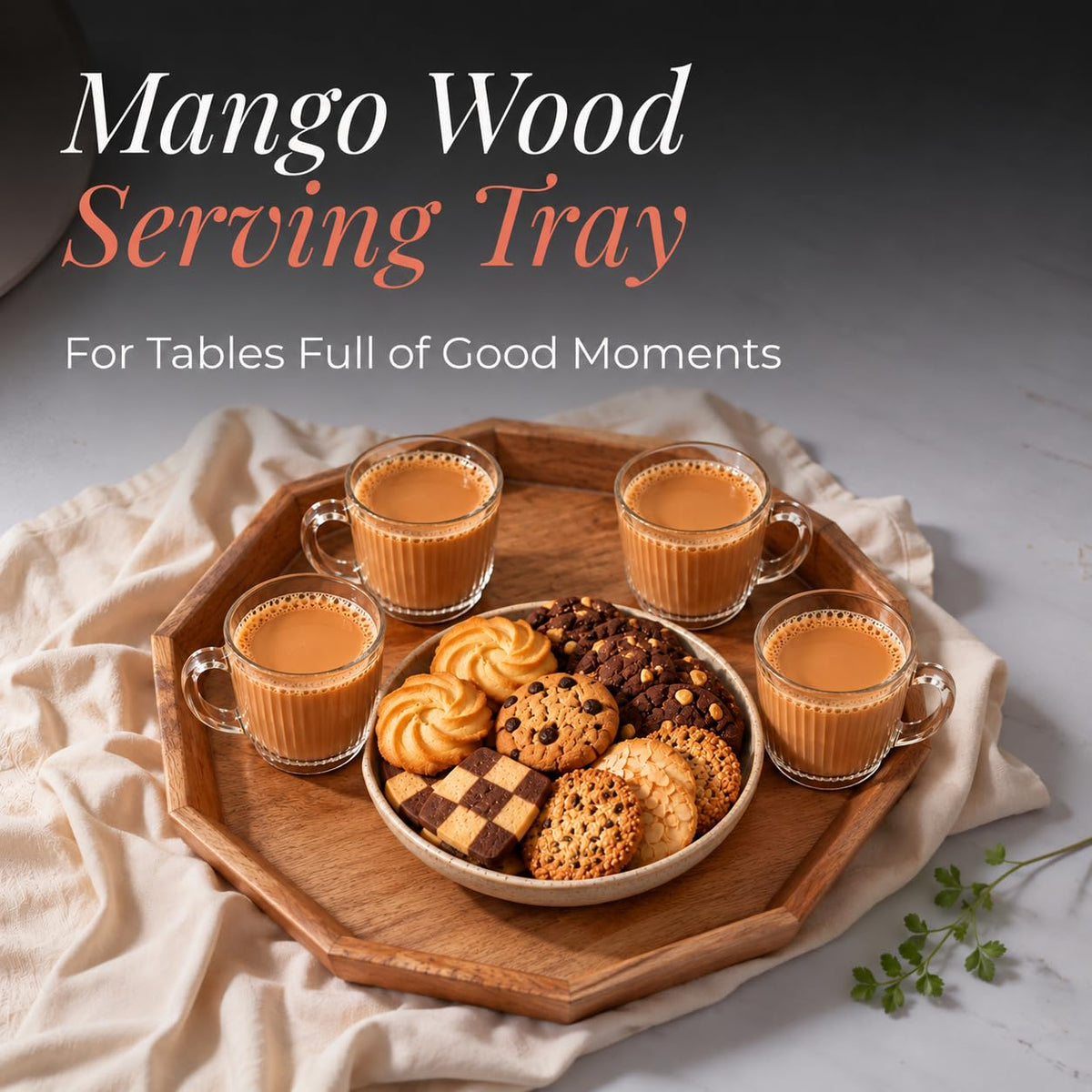HOKIPO Arbor Mango Wood 10 Sided Serving Tray with Raised Edge, 32 cm - image 2