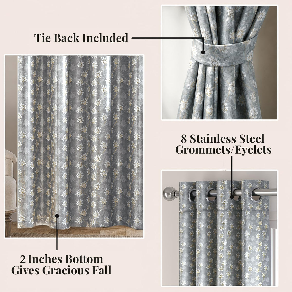 HOKIPO Vogue Shine Eyelet Curtains, 7 Feet Long - Pearl Grey - image 4