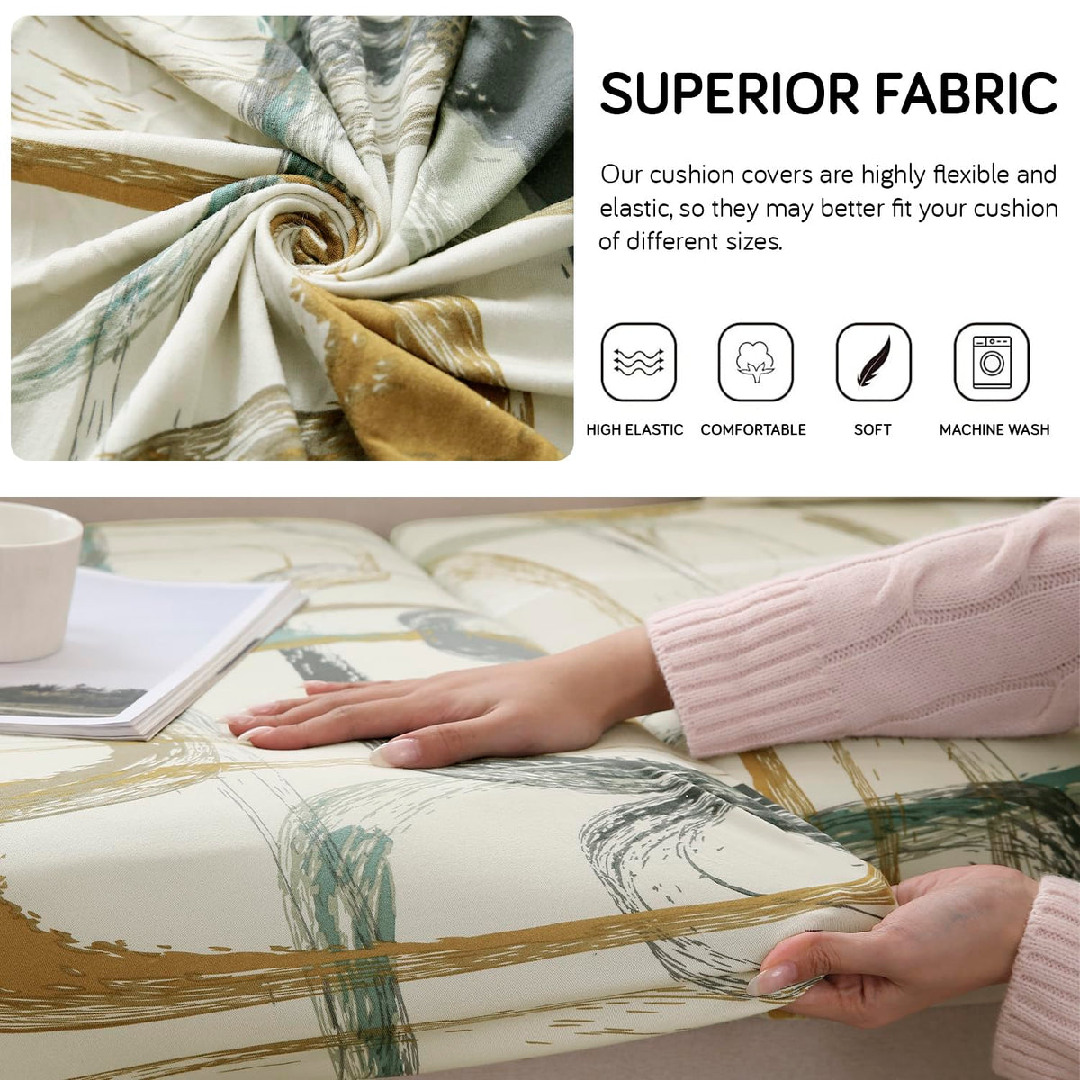 140 GSM Stretchable Printed Elastic Sofa Cushion Seat Cover for 1 /2 /3 Seaters / Pieces for Sofa, Parchement Beige Abstract Art