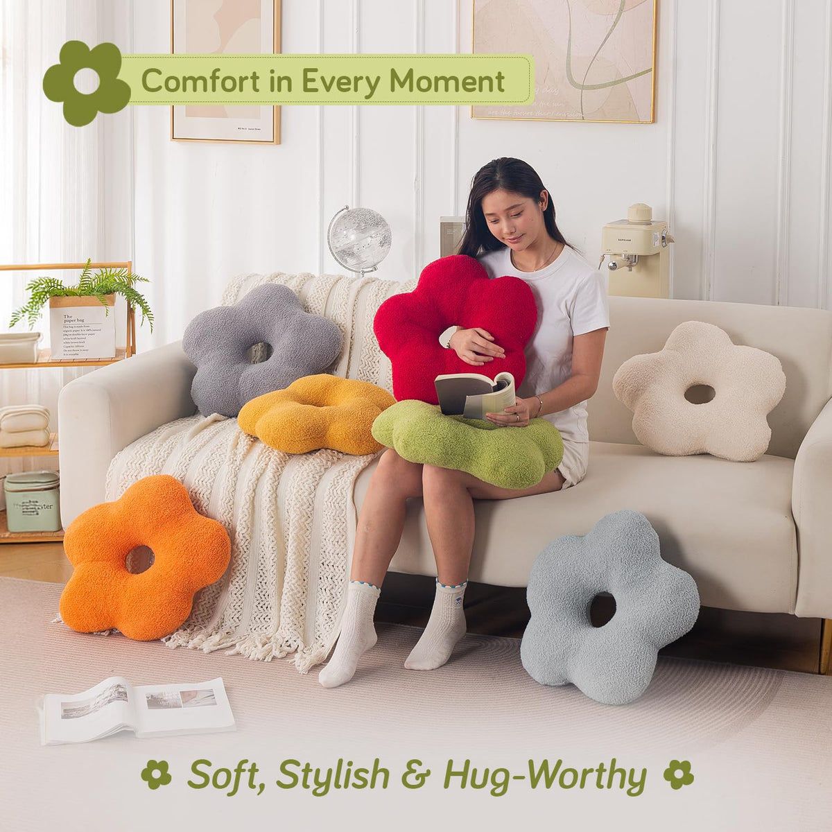 HOKIPO Flower Shaped Cushion for Sofa & Bed, 49 cm, Green