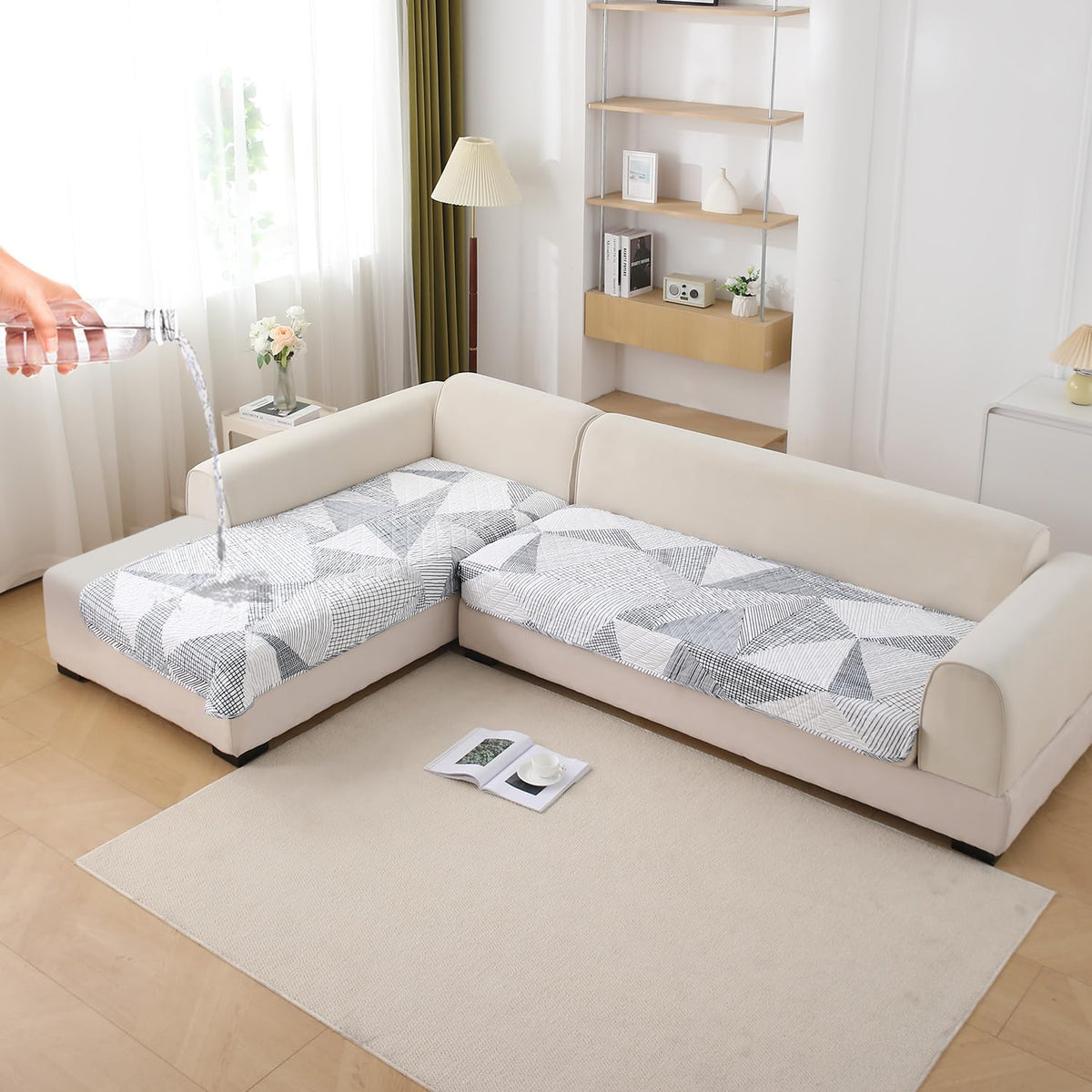 Waterproof Printed Quilted Quick Dry L Shape Sofa Seat Cover Mat, Snow White Black Geometry