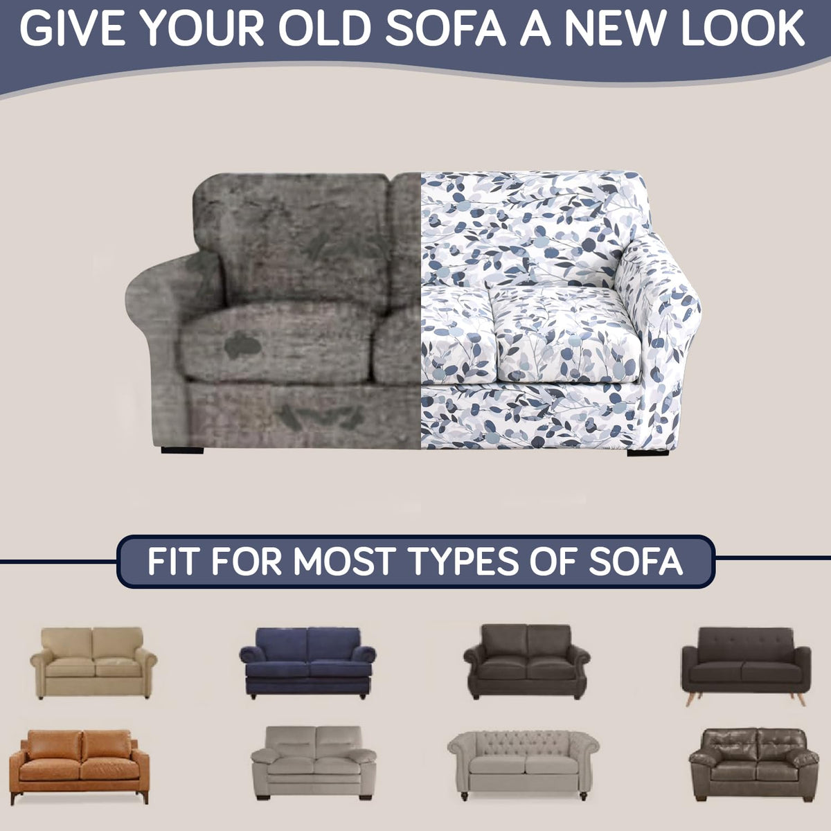 Printed Stretchable Sofa Slipcover with 1/2/3 Pc Separate Seat Cushion Cover for each 1/2/3 Seater,Frost Blue Foilage