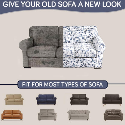 Printed Stretchable Sofa Slipcover with 1/2/3 Pc Separate Seat Cushion Cover for each 1/2/3 Seater,Frost Blue Foilage