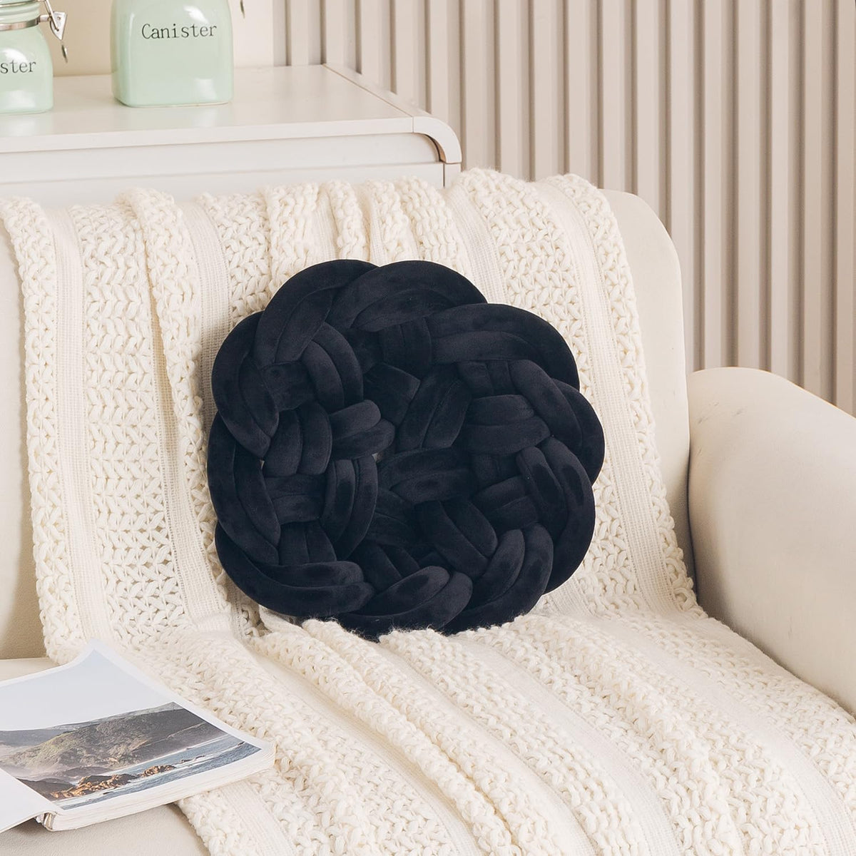 HOKIPO Round Braided Knot Cushion for Bed, Couch & Chair, 36 cm, Black