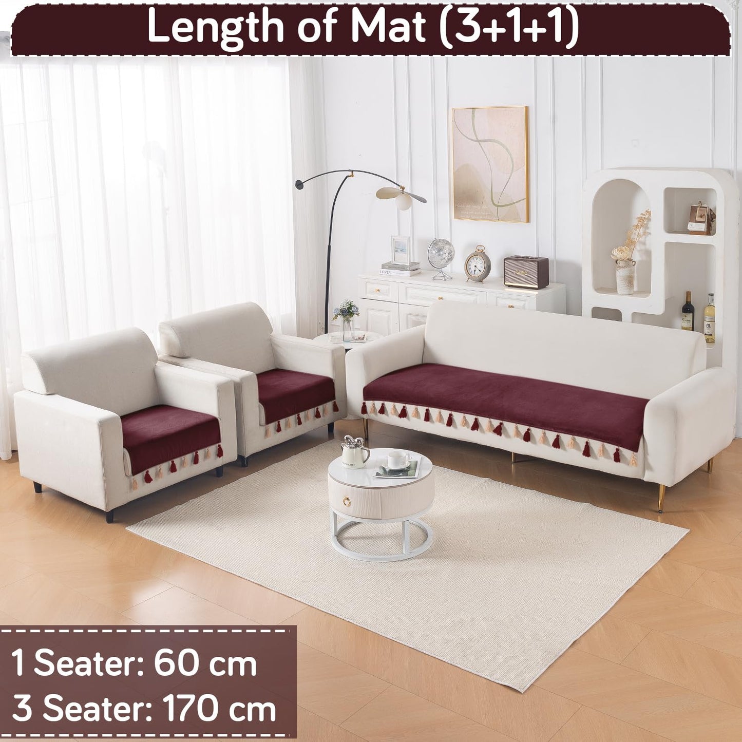 Premium Holland Velvet 5-Seater Sofa Cover (3+1+1), TasselTone Series | Wine Red