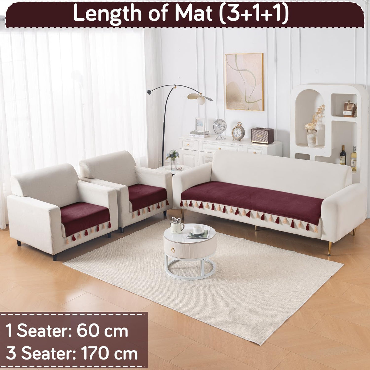 Premium Holland Velvet 5-Seater Sofa Cover (3+1+1), TasselTone Series | Wine Red
