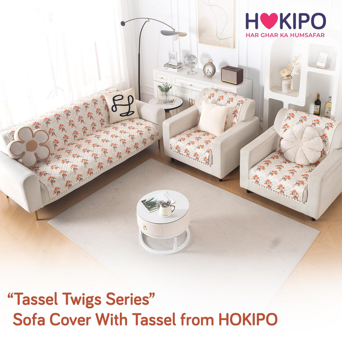 Quilted Sofa Cover 5-Seater Sofa Cover (3+1+1), Tassel Twigs | Autumn Blossom