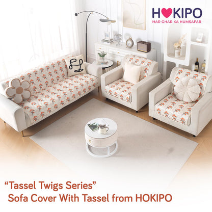 Quilted Sofa Cover 5-Seater Sofa Cover (3+1+1), Tassel Twigs | Autumn Blossom