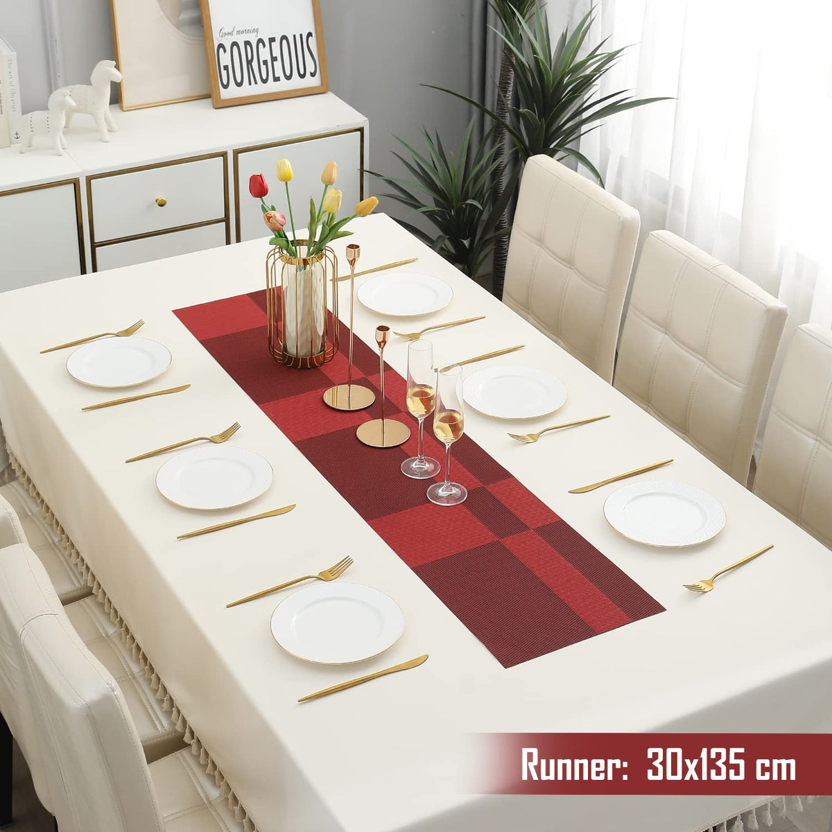 Buy Ruby Red Colour PVC Table Runner for 4 Seater (30x135cm) | HOKIPO