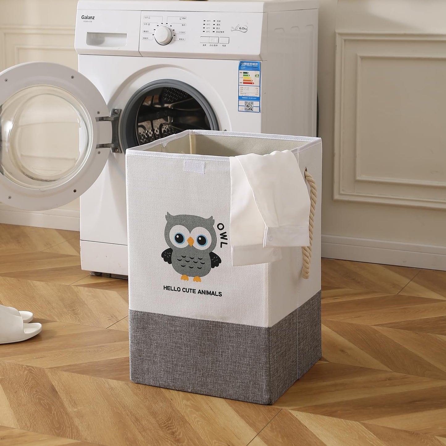 Foldable Laundry Basket for Clothes with Lid, Grey - Owl