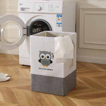Foldable Laundry Basket for Clothes with Lid, Grey - Owl