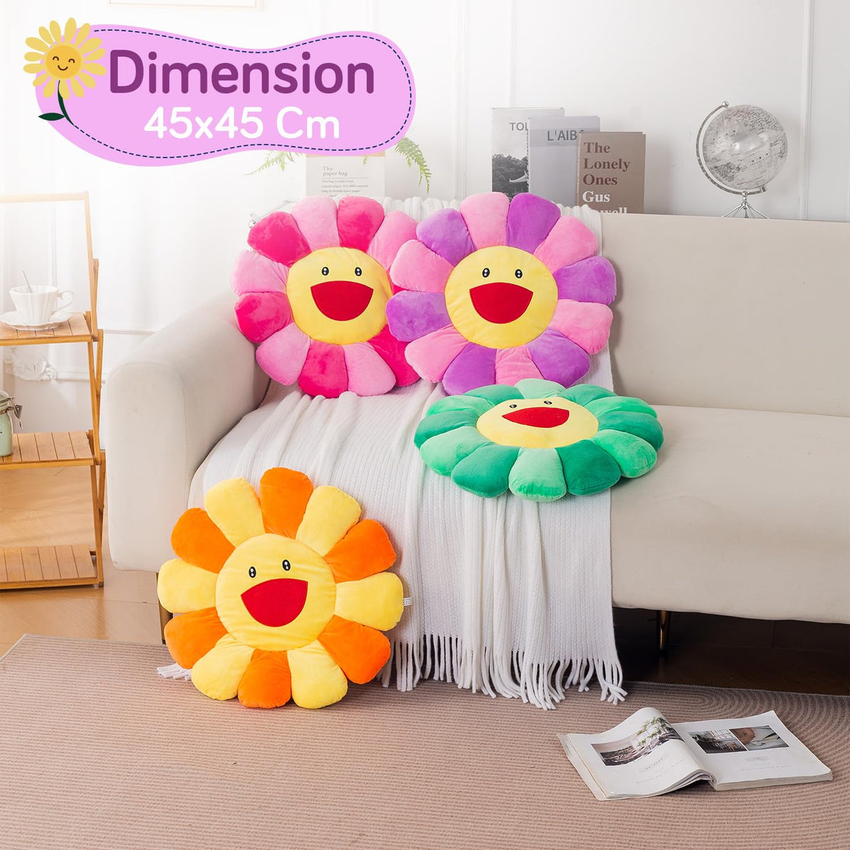 HOKIPO Smiley Sunflower Cushion for Sofa & Bed, 45 cm, Purple
